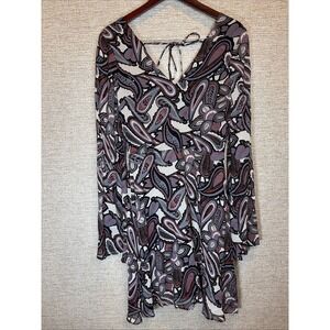 New Women's ASOS TALL Paisley V-Neck Tie Back Bell Sleeve Lined Dress, Size 6 US